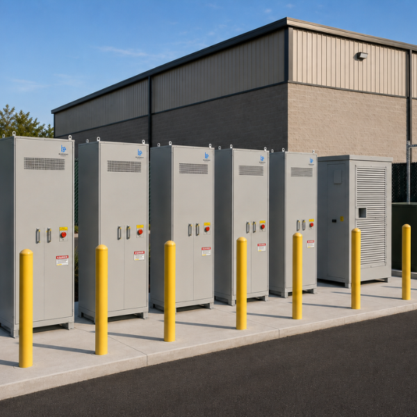 Row of tall gray commercial battery energy storage cabinets lined up outdoors in front of an industrial building, protected by bright yellow safety bollards.