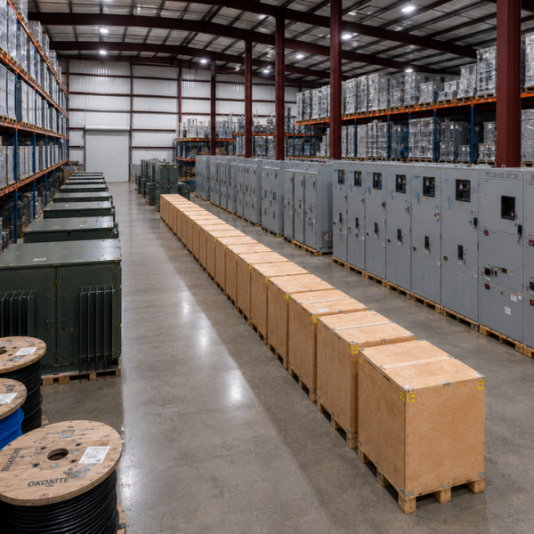 Large, organized industrial warehouse filled with tall shelving racks storing heavy-duty electrical equipment, large cable spools, green pad-mounted transformers, switchgear, and wooden shipping crates.