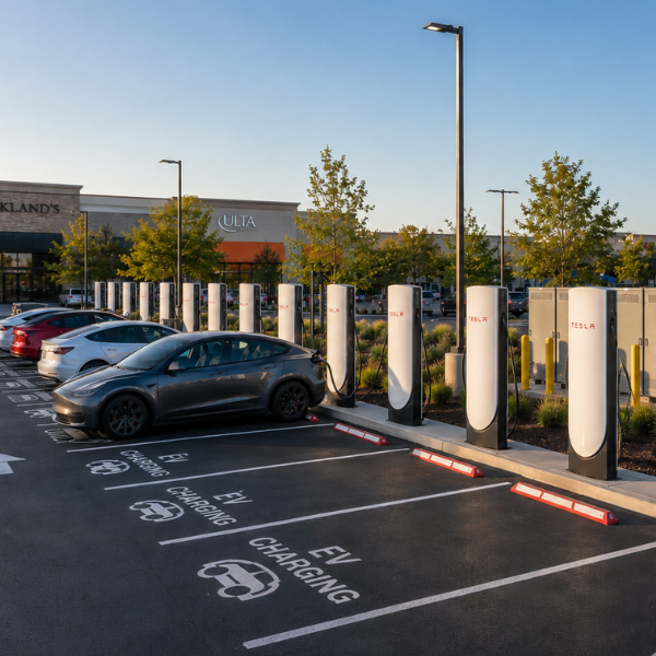 Outdoor EV charging station in a commercial retail parking lot with electric vehicles parked and charging next to electrical power infrastructure.
