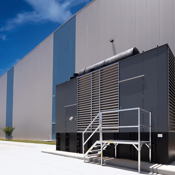 Large industrial backup generator installed outside a commercial building.